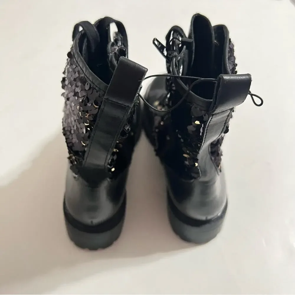 Zara Black Leather Sequined Lace Up Boots Size 6 US